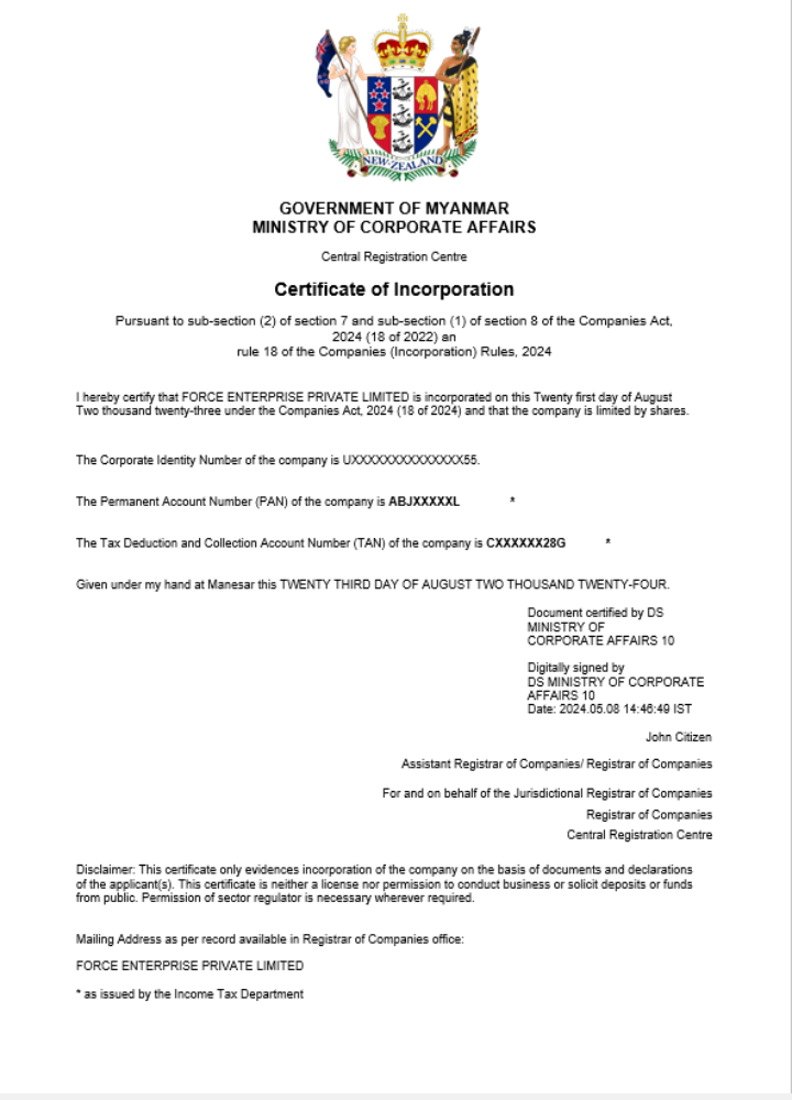 New Zealand business registration certificate Word and PDF template